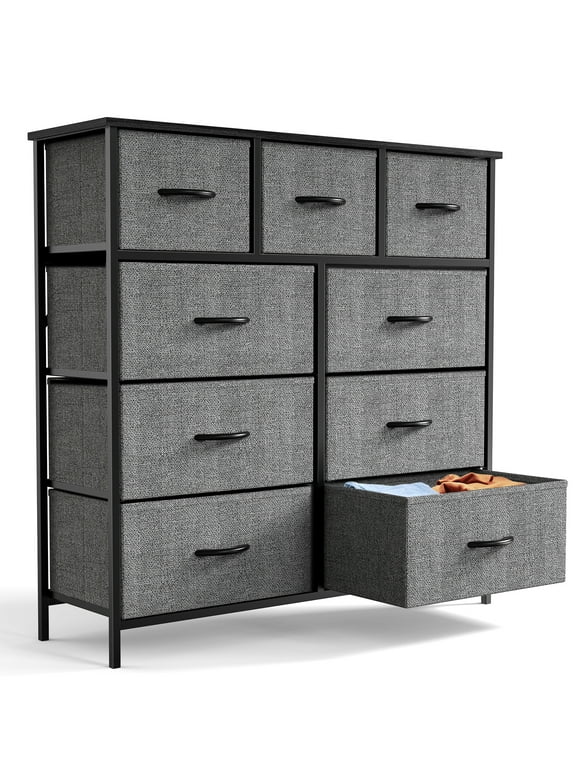 Fabric Storage Dresser with 9 Drawers, Steel Frame and Wooden Top for Bedroom, Closet, Entryway and Nursery, Gray