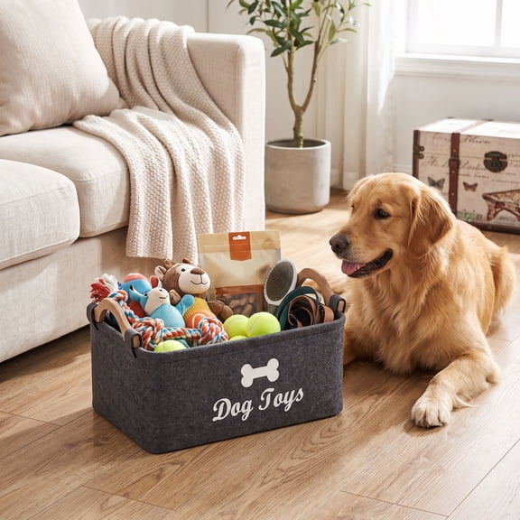 Fabric Storage Organizer Basket with Wooden Handles, Large Pet Toy Storage Bin for Dog Cat Toys Snacks Supplies, Collapsible Fabric Basket for Home Organization, Decorative Pet Storage