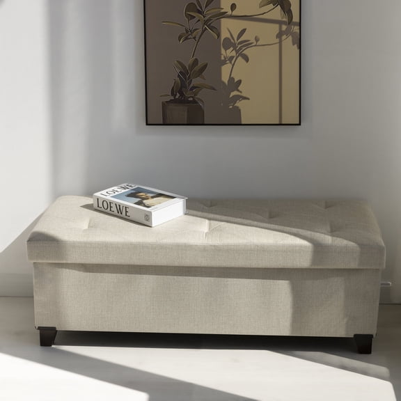 Fabric Storage Ottoman, Bench for Entryway and Bedroom, Beige