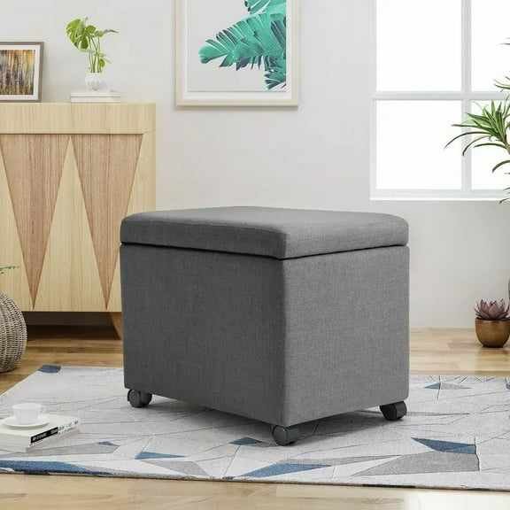 Fabric Storage Ottoman, Grey, File Storage, Caster Wheels, Mobile Footrest for Home Office, Living Room
