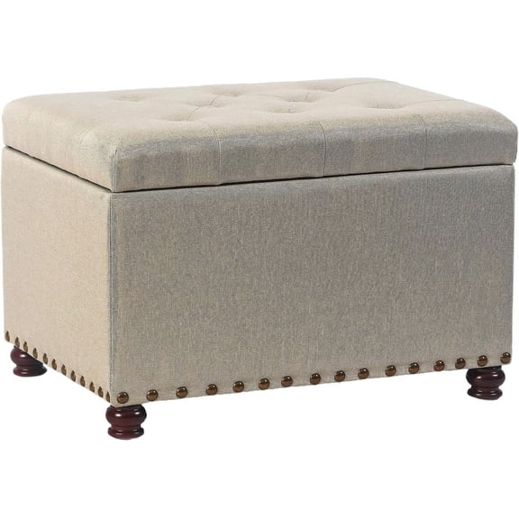 Fabric Storage Ottoman Lift Top Rectangular Foot Rest Stool with Nailheads for Bedroom Living Room (Beige, Bronze Rivets)