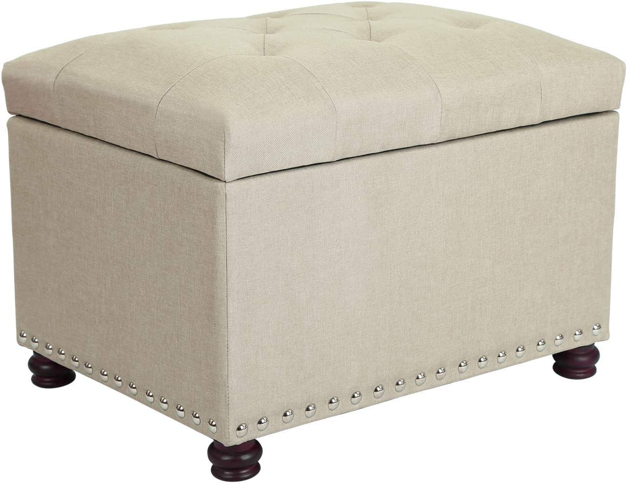 Fabric Storage Ottoman Lift Top Rectangular Foot Stool with Nailheads