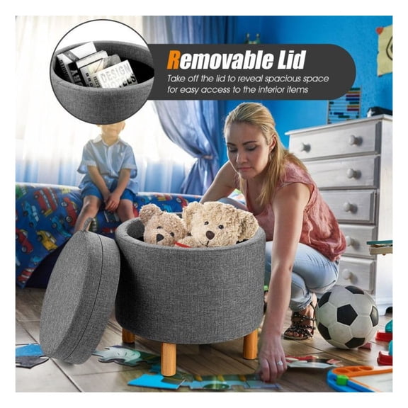 Fabric Storage Ottoman with Tray, 17" Round Beige/Gray, Non-Slip Foot Pads, Bedroom Living Room Footrest Stool, 330lbs Capacity, Hidden Storage for Blankets & Toys