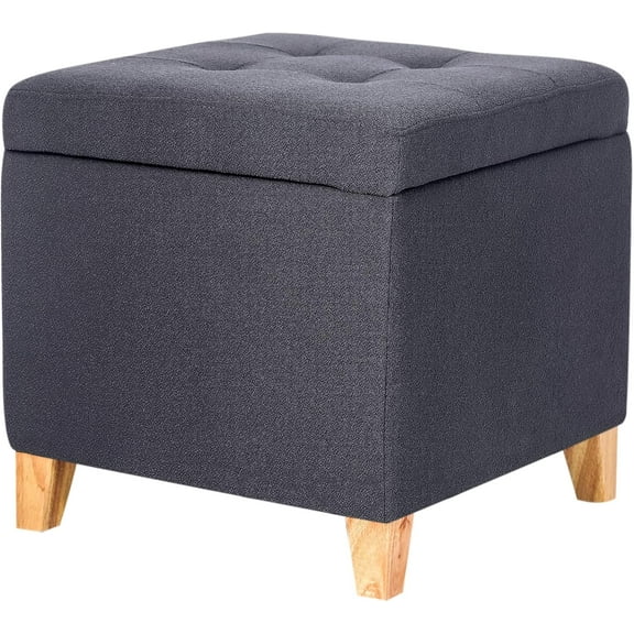 Fabric Storage Ottoman with Hinged Lid, Square Foot Rest Stool Tufted Cube Footstool, Dark Gray