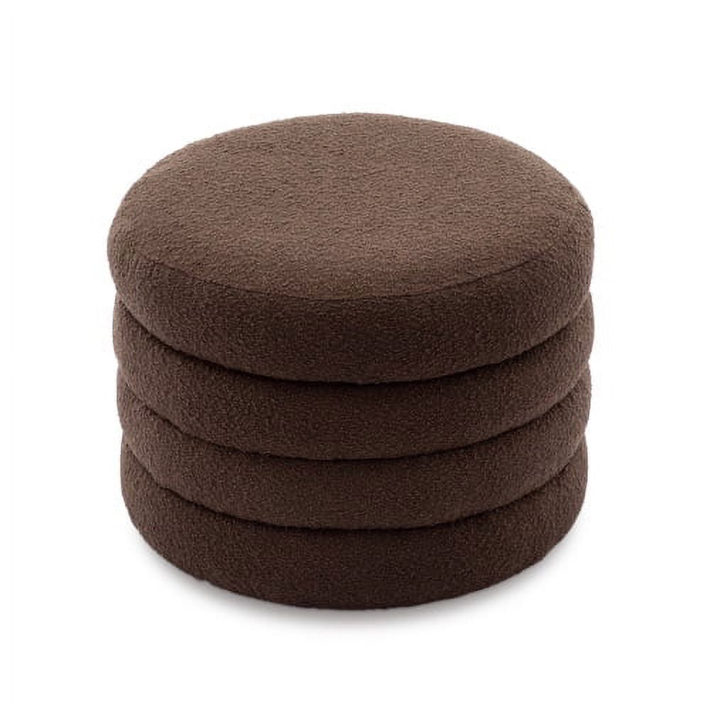 Fabric Storage Round Ottoman Footstool With Wooden Shelving,Brown