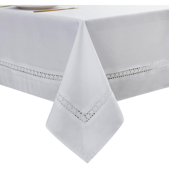 Fabric Table Cloth of Textile with White Lace-Waterproof/Wrinkle Free/Stain Resistant/Oil Proof-for Dining,Indoor&Outdoor,Wedding,Holiday,White,Rectangle 60x144Inch