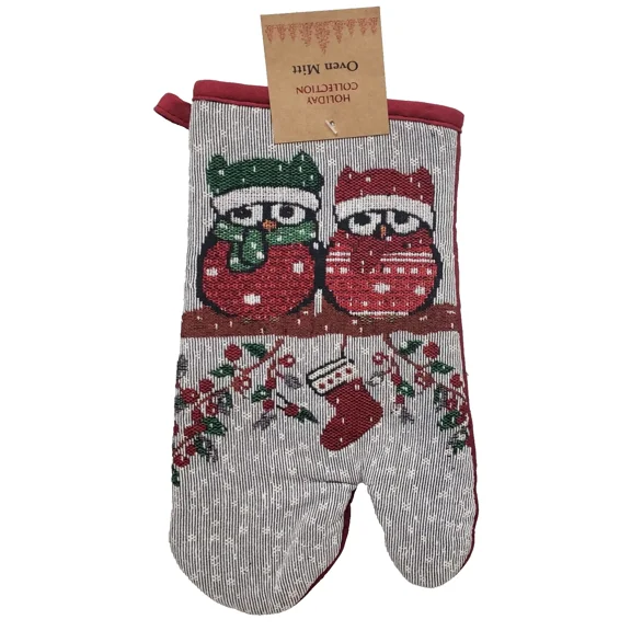 Fabric Tapestry Kitchen Oven Mitt, 7"X11" Christmas, 2 Winter Owls, Hc