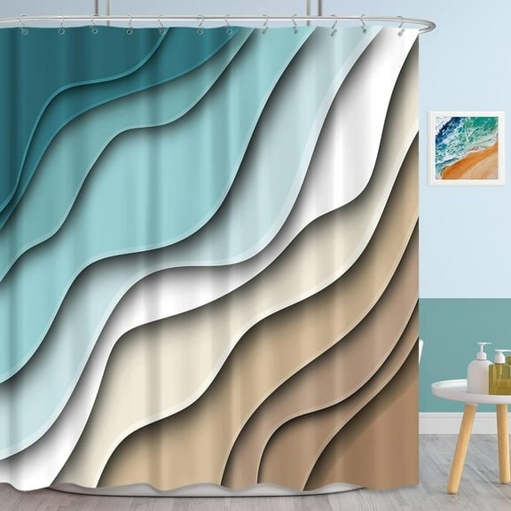 Fabric Teal Blue Shower Curtain Set 72Wx72H Inch Aesthetic Ombre Brown Cream Shower Curtain Modern Geometric Bath Curtain Decor for Men Abstract Beach Bathroom Decorative Bathtub Accessories
