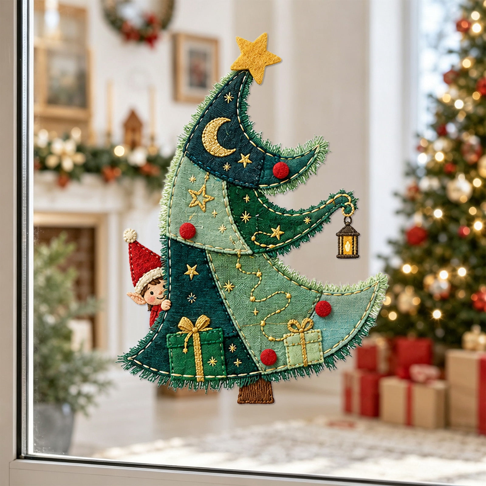 Fabric-Textured Christmas Window Clings, 11.8 x 15.7 Inch Removable PVC ...