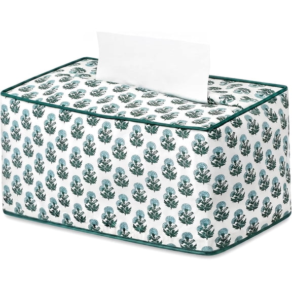Fabric Tissue Box Cover Rectangular Green White Floral Print