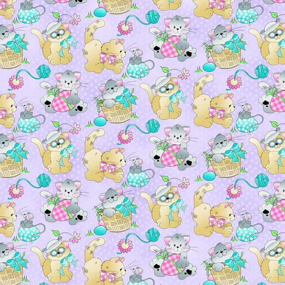 Fabric Traditions Easter Cats Kittens Kitties Purple 100% Cotton Price per Yard