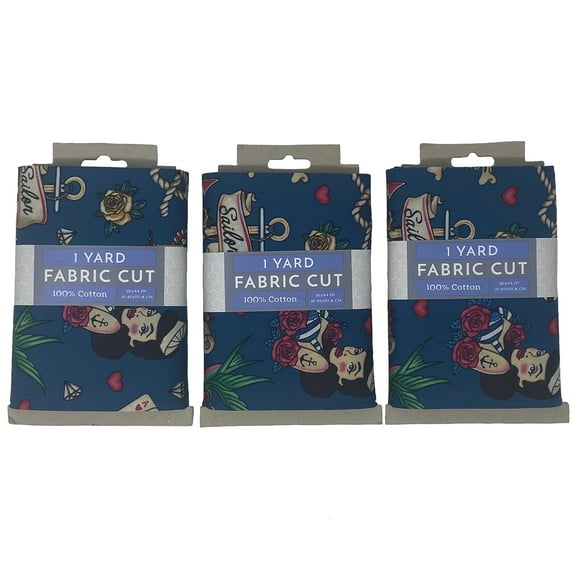 Fabric Tradtions 44" X 1 Yd 100% Cotton Retro Tattoo Printed Craft Fabric, Multi-Color