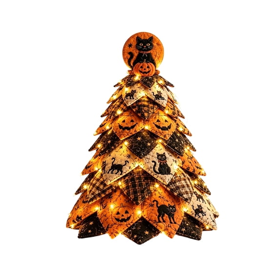 Fabric Tree Halloween Diy Quilt Kit with Built-In Warm Fairy Lights for Indoor Tiered Tray Decor Spooky Season Home Display