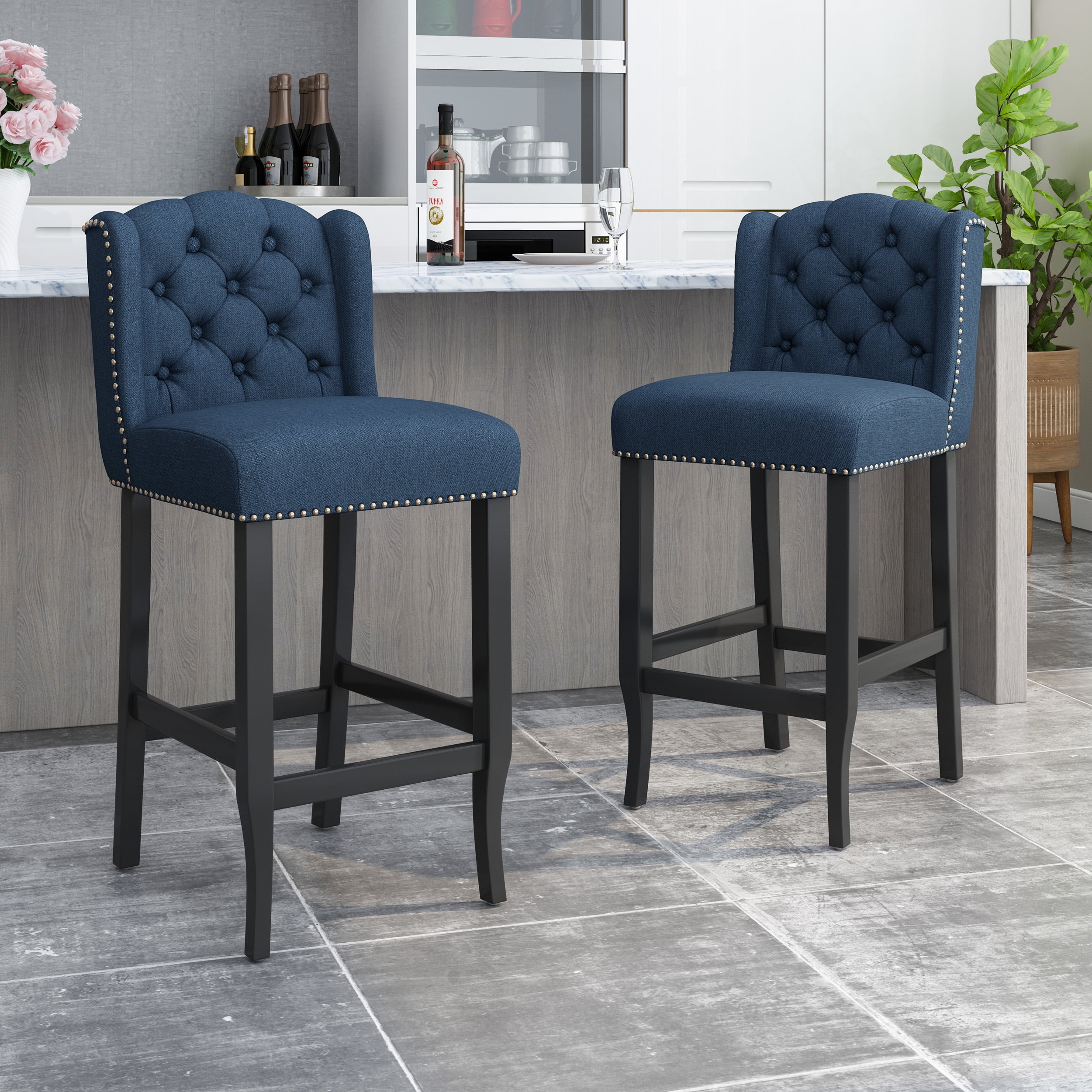 Fabric Tufted Wingback 31 Inch Counter Stools, Set, Navy Blue - Walmart.com