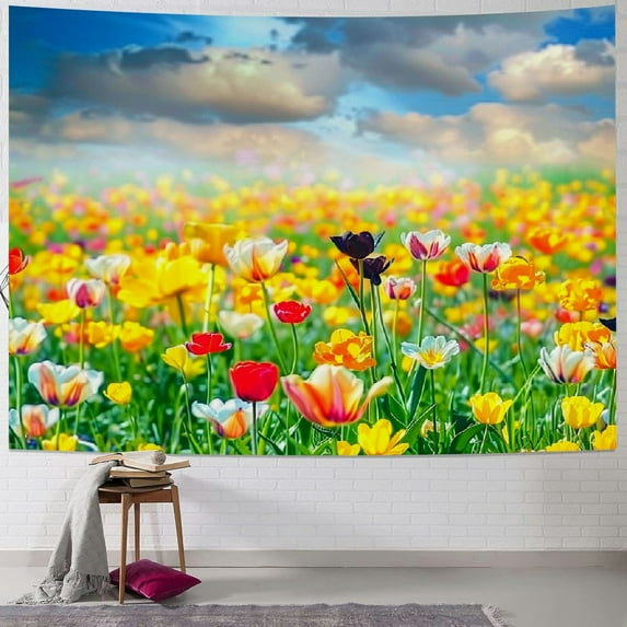 Fabric Tulip Flower Tapestry Spring Natural Grassland Blue Sky White Cloud Sunshine Wall Hanging Spring Tulip Tapestry for Bedroom Aesthetic Living Room College Dorm Decor
