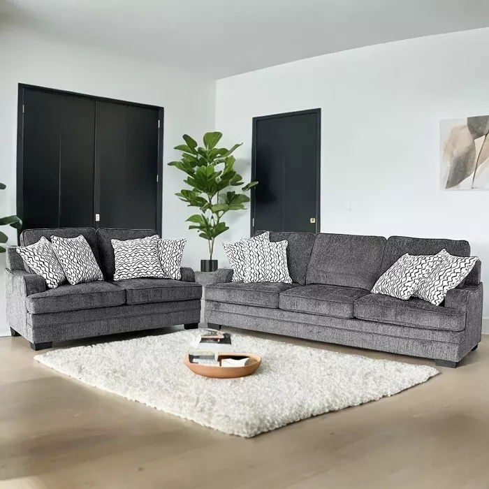 Fabric Upholstered 2 Pc Sofa Set with Pillows, Modern Living Room 3+2 ...