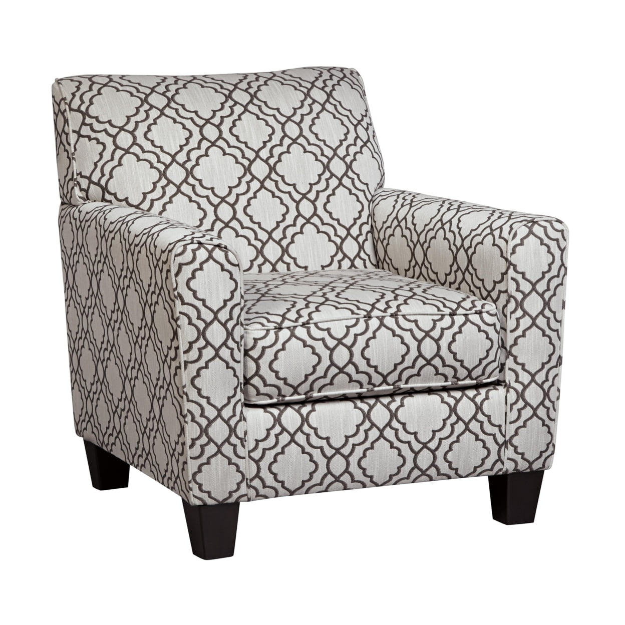 Fabric Upholstered Accent Chair with Quatrefoil Print, Gray and White
