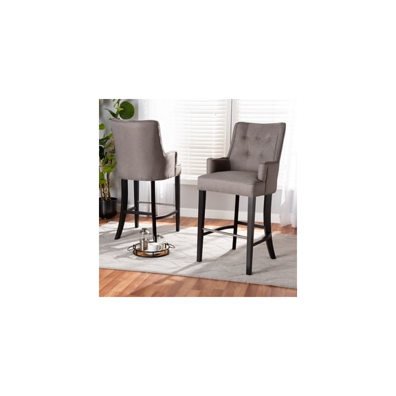 Fabric Upholstered Bar Stool Set, 2-Piece, Dark Brown Wood Finish