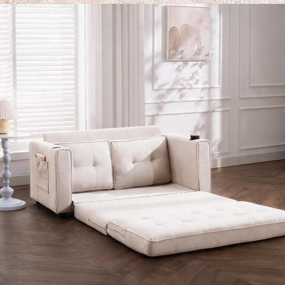 Fabric Upholstered Convertible Loveseat Sleeper with Side Pockets Cup Holder, Neutral Beige