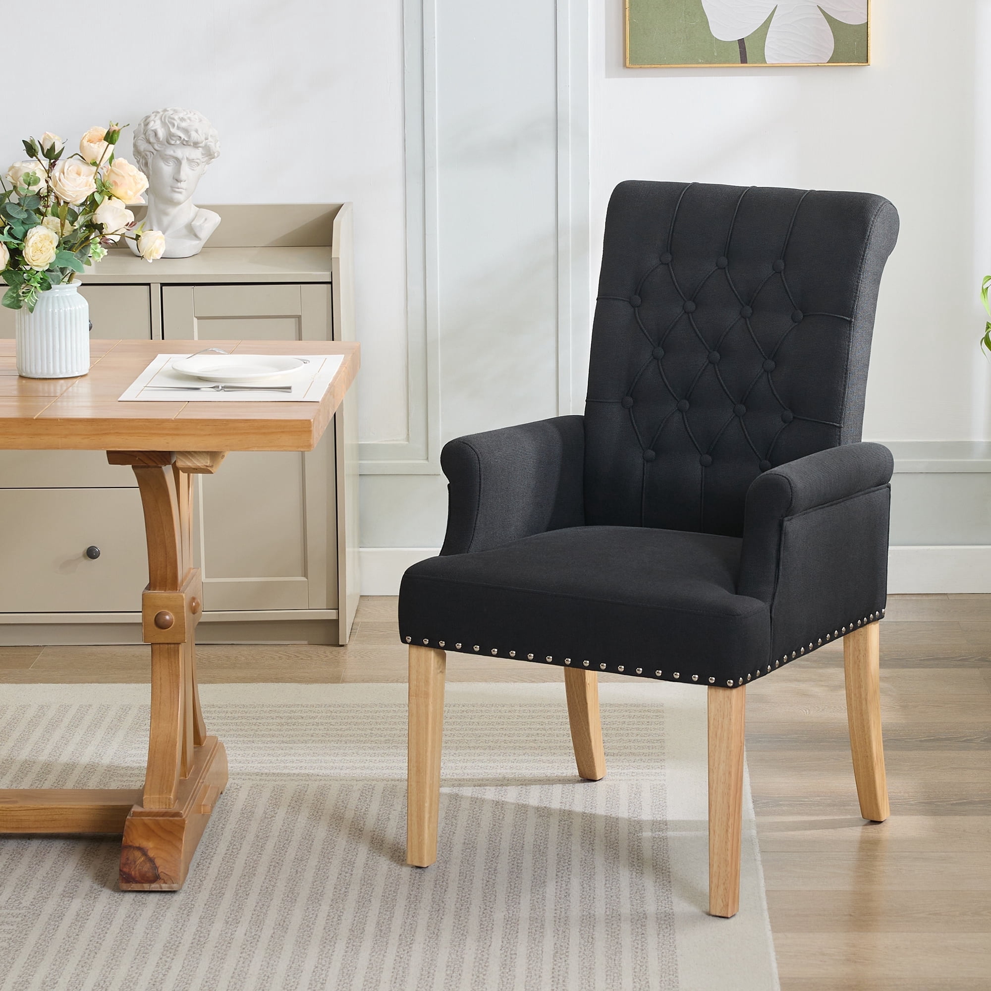 Fabric Upholstered Dining Chair with Arms, Tufted High Back Accent Coffee Armchair for Kitchen Dining Room Living Room, Black