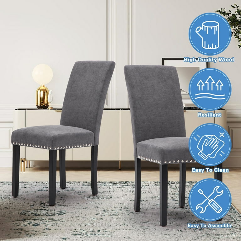 Fabric Upholstered Dining Chair with Silver Nailhead Trim in Gray Set of 2
