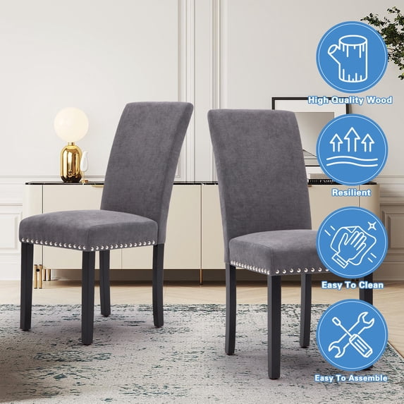 Fabric Upholstered Dining Chair with Silver Nailhead Trim in Gray, Set of 2