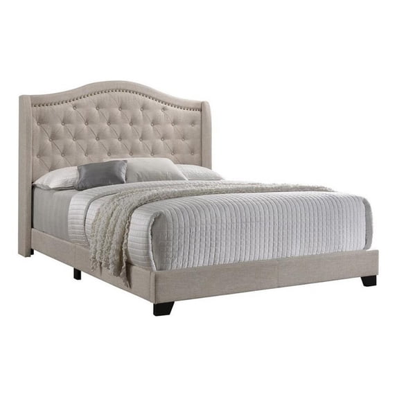 Fabric Upholstered Eastern King Bed with Camelback Headboard, Beige