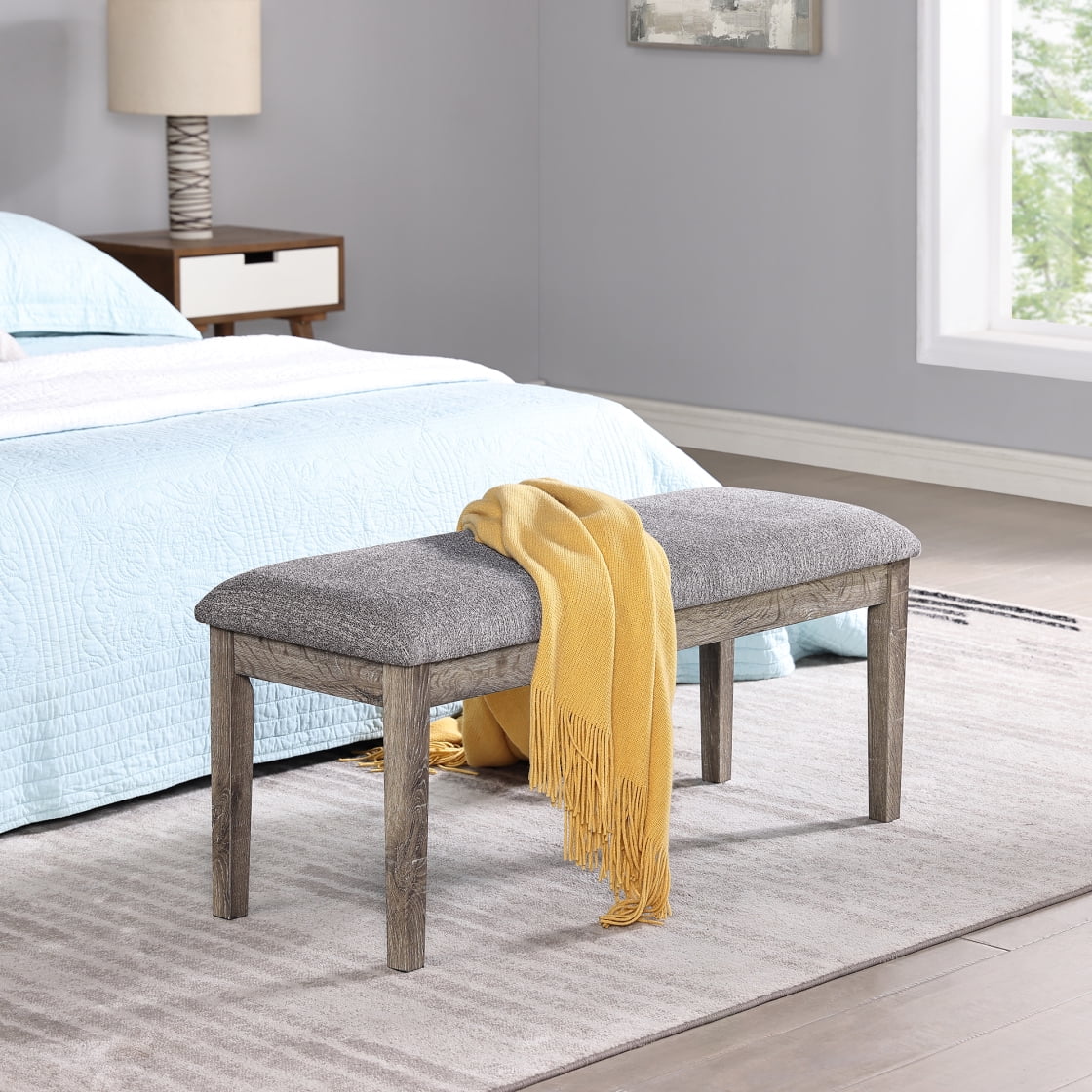 Fabric Upholstered Entryway Bench, Bedroom Bench with Rubber Wood Legs
