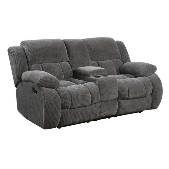 Fabric Upholstered Reclining Motion Loveseat With Cupholders and Storage, Gray