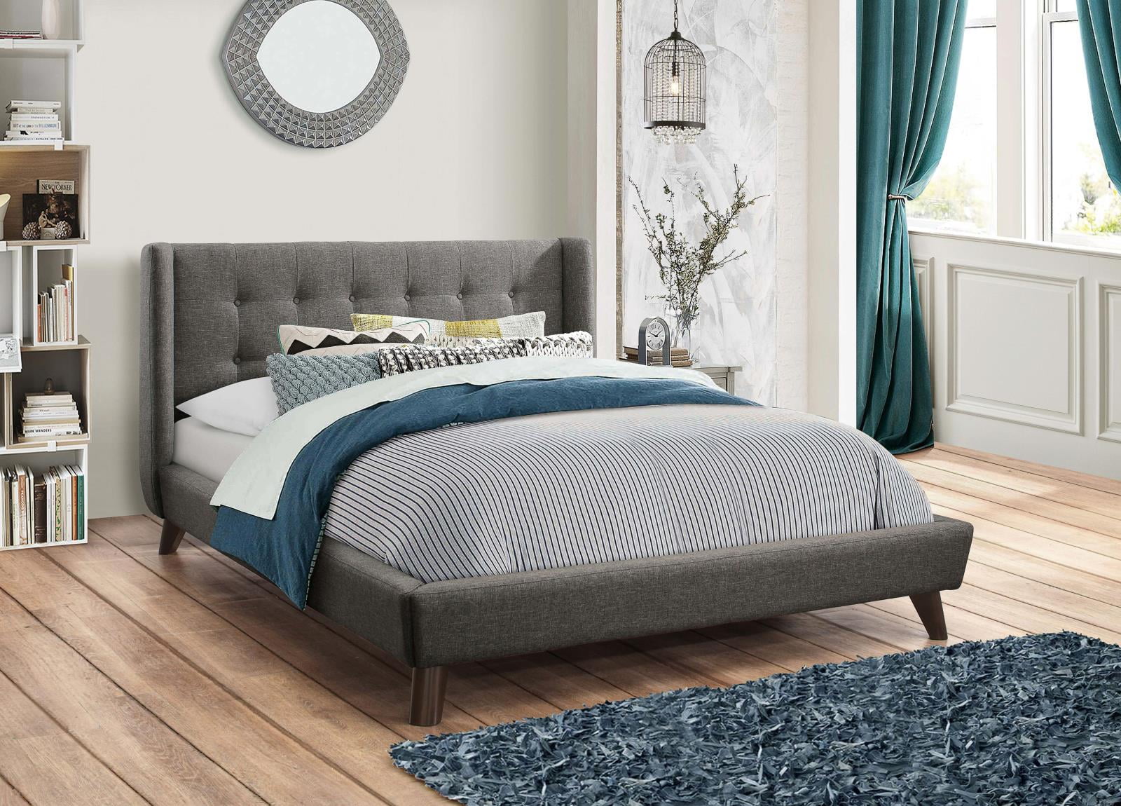 Gray Queen Upholstered Bed with Tufted Headboard and Wood Frame
