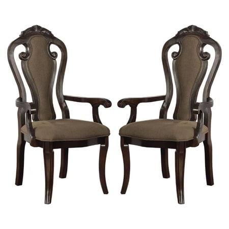 Fabric Upholstered Wooden Arm Chair Walnut Brown Set Of 2