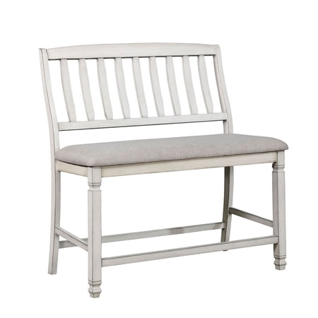 Fabric Upholstered Wooden Counter Height Bench with Slat Back, White- Saltoro Sherpi