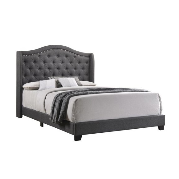 Fabric Upholstered Wooden Demi Wing Queen Bed with Camelback HeadboardGray - Saltoro Sherpi