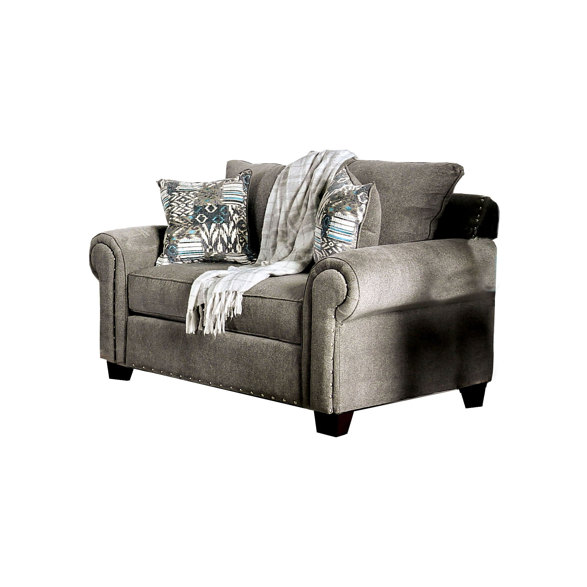 Fabric Upholstered Wooden Loveseat with Nailhead Trim Accents, Gray