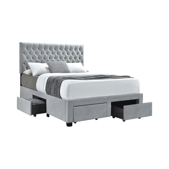 Fabric Upholstered Wooden Queen Size Bed with Bottom Drawers Gray - Saltoro Sherpi