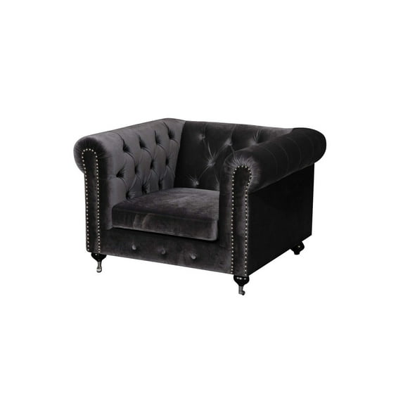 Fabric Upholstered Wooden Tufted Sofa Chair With Steel Casters, Dark Gray