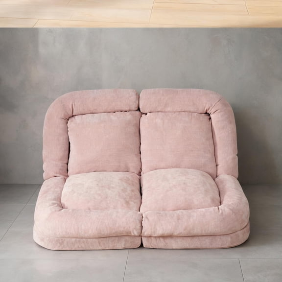 Fabric Upholstery 18-Position Adjustable Convertible Fold-Out Double Sofa Bed Lazy 2-Seater Warm Pink