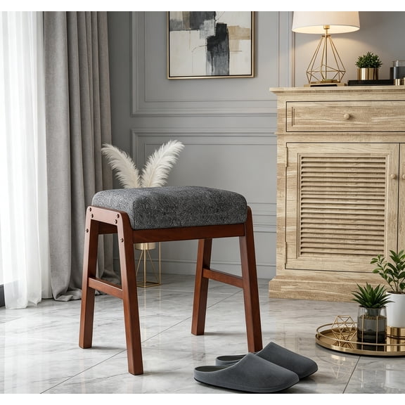 Fabric Vanity Stool, 17.72" H Makeup Bench with Wood Legs, Charcoal Grey