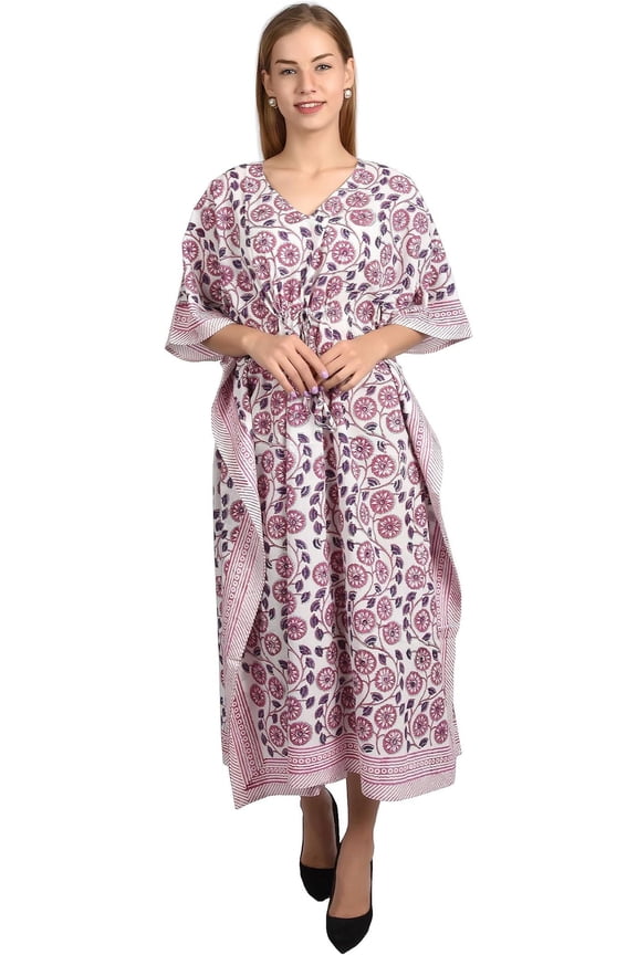 Kaftan Dresses for Women - Sanganeri Ethnic Floral Prints - Free Size Kaftans for Women - Hand Block Printed Cotton Caftans