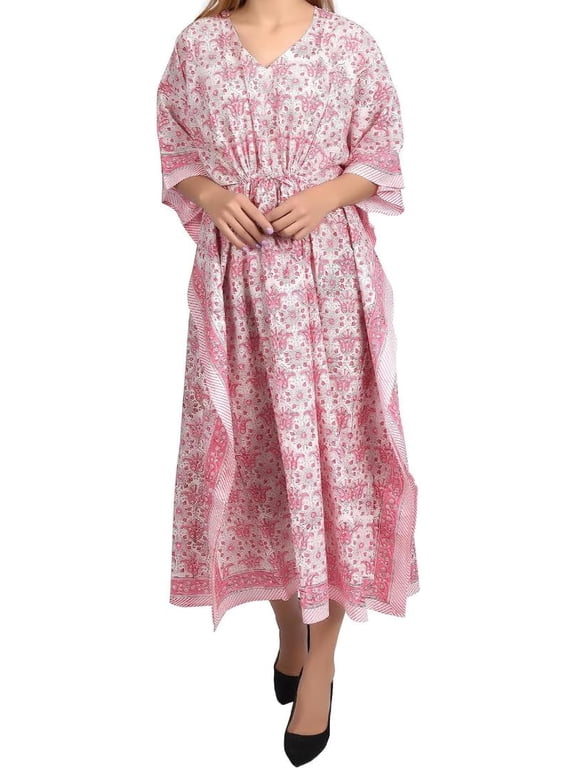 Women for Caftan Block Printed Cotton Long Kaftan Maxi casual Drawsting Dress