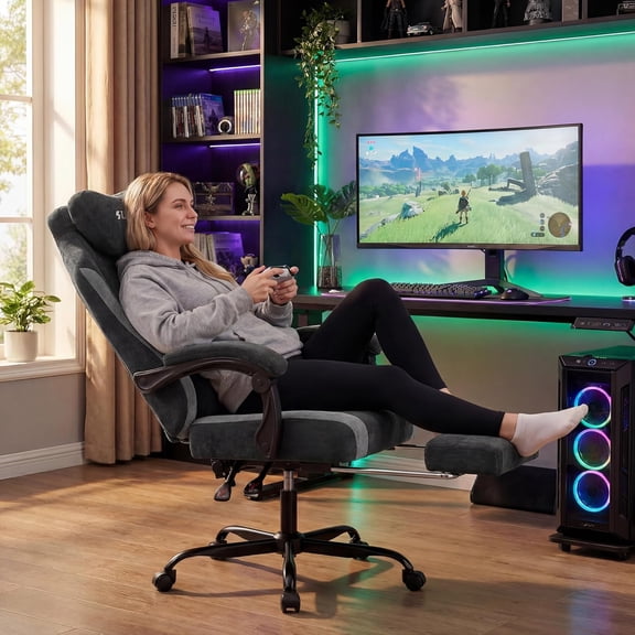 Fabric Video Gaming Chair, High-Back Computer Game Chairs with Large Massage Adjustable Lumbar Support, Headrest and Linked Armrests for Long Hours Sitting Task Chair, Black