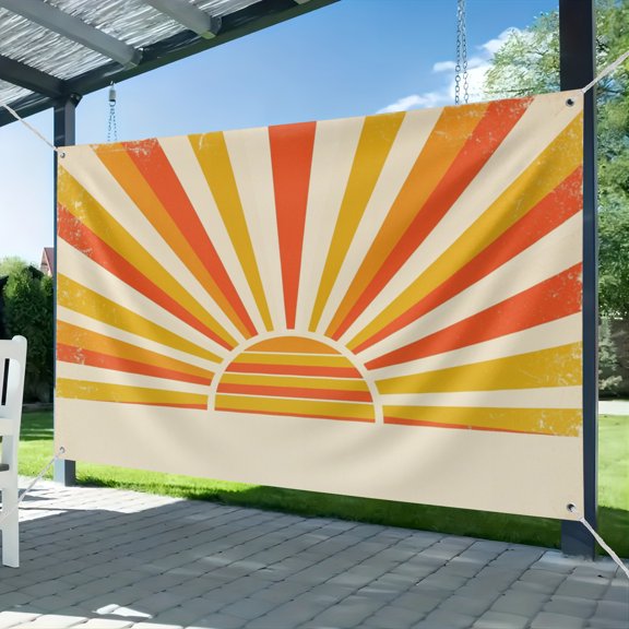 Fabric Vintage Sun Backdrop Retro Yellow Orange Abstract Stripe Photography Background Groovy Retro Hippie Boho Girl Happy Birthday Party Supplies Birthday Cake Banner Props Wallpaper