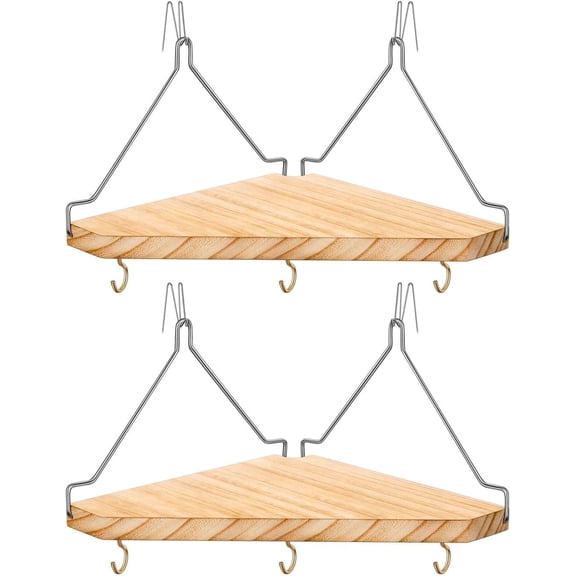 2 Pack Wall Cubicle Corner Shelf with Hooks , Wooden Floating Shelf for Work Decor
