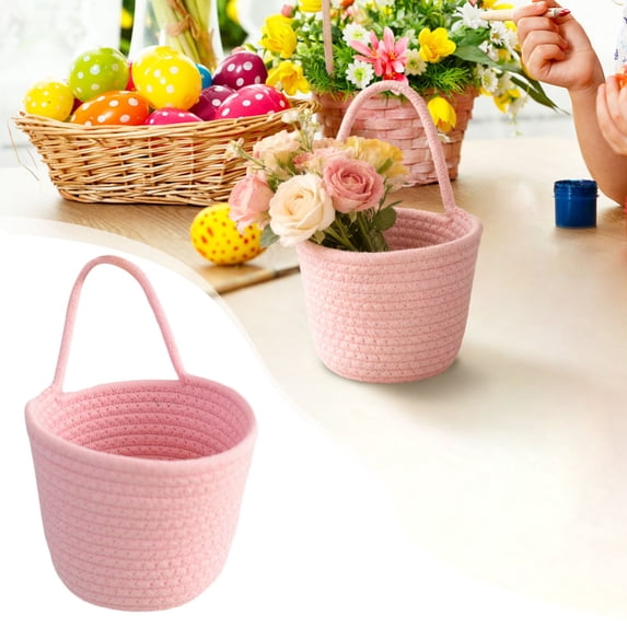 Fabric Wall Hanging Basket, 5.9X4.7inch Cotton Rope Storage Basket with Handle, Small Woven Door Organizer, Hanging Pouch, Wall Mount Fabric Pocket Organizer, Door Hanging Storage Bin
