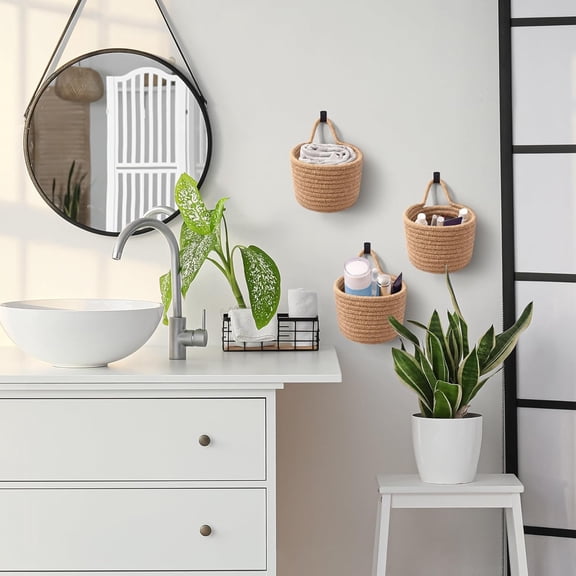 Fabric Wall Hanging Baskets - Woven Pouchs Boho Style Wall Mounted Bag with Adhesive Hooks, Storage Organizers and Decoration Pocket Caddy Bins on Door Rack