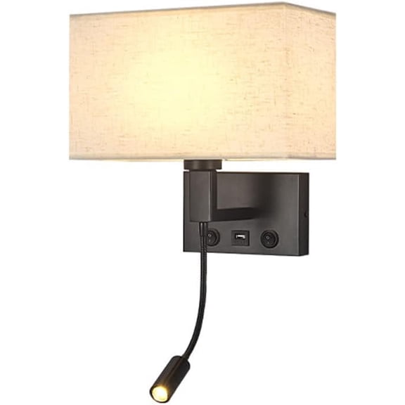 Fabric Wall Lamp Bedroom Wall Mount Reading Light with Switch Modern Black Metal Hardwired Sconce, USB Charging Flexible Gooseneck Bedside Wall Lighting Fixture