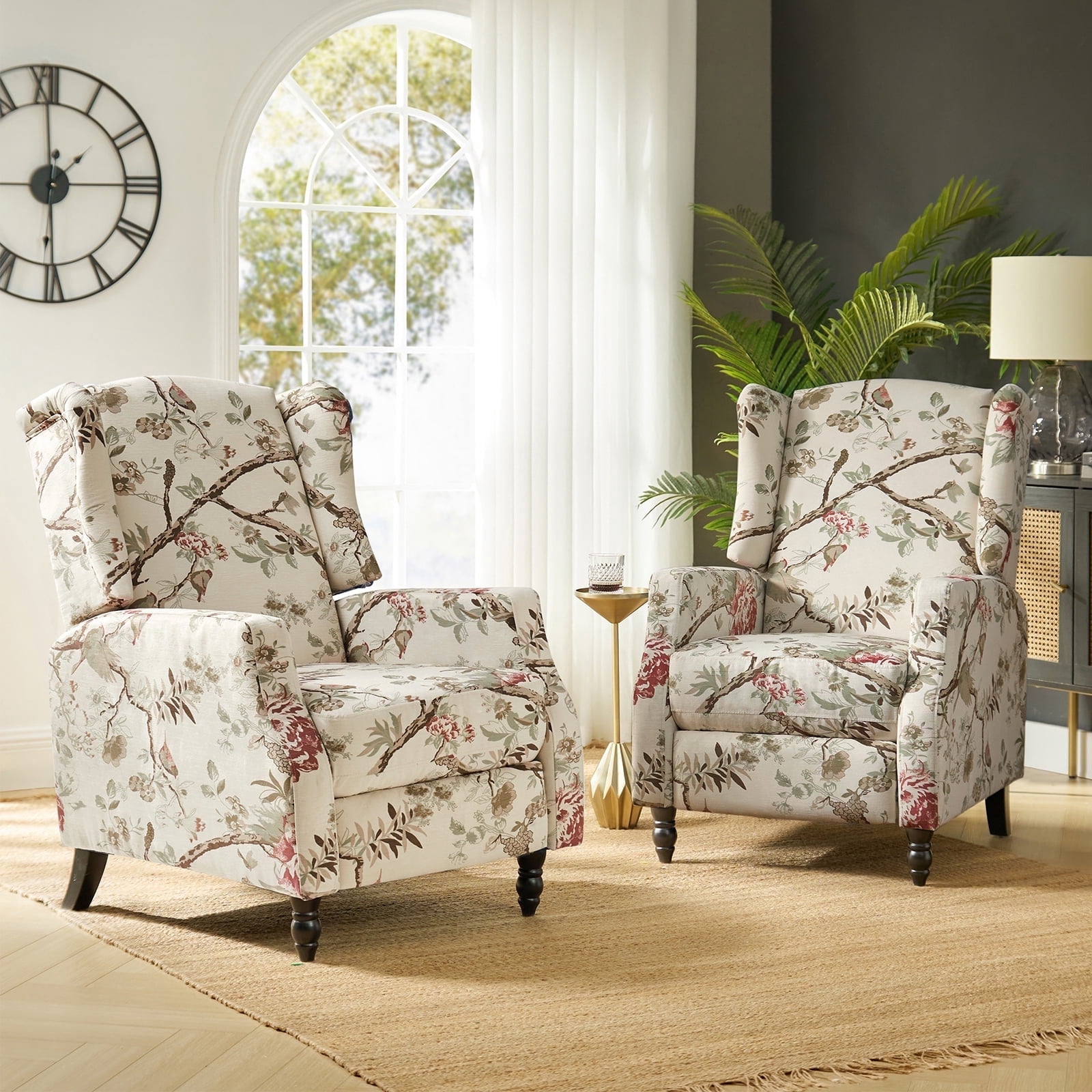 Fabric Wingback Manual Recliner Chair Set of 2 Traditional Push Back Upholstered Home Theater Living Room Bird