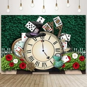 Fabric Wonderland Tea Party Backdrop Green Leaves Magic Hat Pocket Watch Photography Background Fairy Tale Little Princess Girls Birthday Baby Shower Decorations Banner Photoshoot Props 6x4ft
