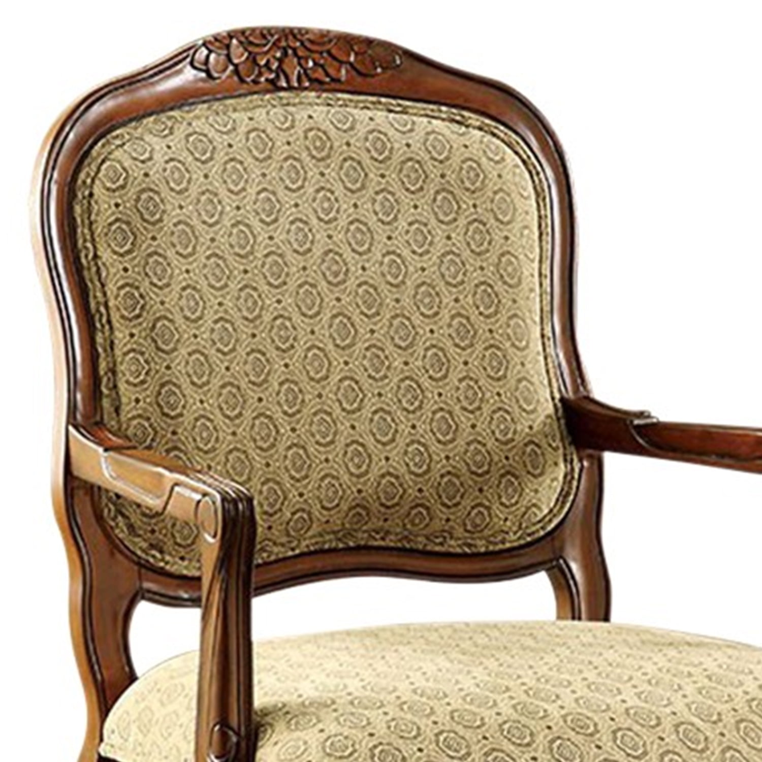 Fabric Wooden Frame Accent Chair with Hand Carved Cabriole Legs in Brown