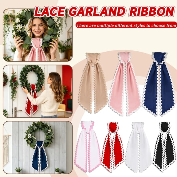 Fabric Wreath Hanging Tie, White Pink Zigzag Polyester Ribbon, Premade Wreath Accent Decorative Bow, 47X5 in Multi-Use Party Ribbon, Washable Soft Fabric Garland Accent Suitable